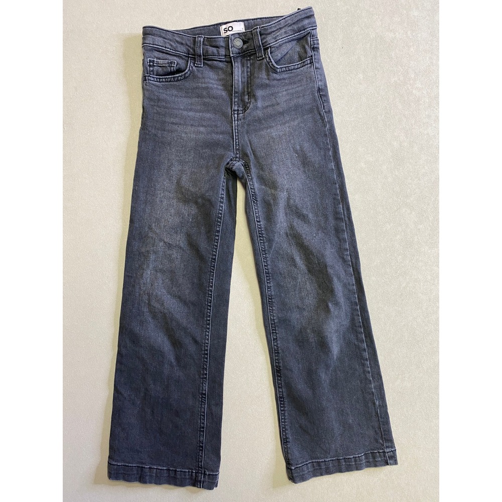 SO Girls Wide Leg Jeans Washed Black Stretch Denim Size 7 High Rise Relaxed Fit